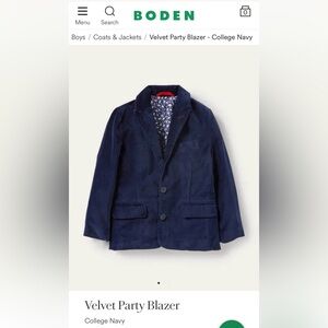 BOYS NAVY MINI BODEN VELVET PARTY BLAZER
